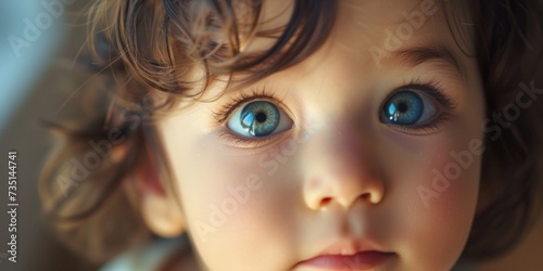 A close-up photograph showcasing the captivating blue eyes of a child. Perfect for capturing innocence and beauty.