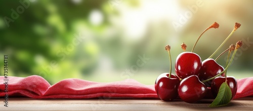 Overturned wicker basket outdoor with big sweet cherries on a piece of cloth on wooden terrace or table background blurred green trees background Huge and massive organic cherry berries with le