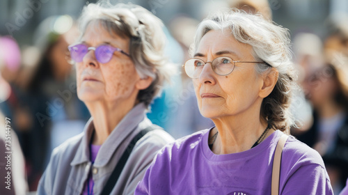 Two older women dressed in a purple t-shirt at a Women's Day demonstration © Meritxell Cid