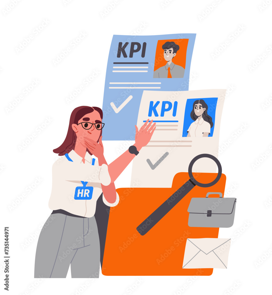 Job search concept. Woman evaluate KPI. Collaboration and cooperation. Headunting and recruiting. Poster or banner for website. Cartoon flat vector illustration isolated on white background Job search concept. Woman evaluate KPI. Collaboration and cooperation. Headunting and recruiting. Poster or banner for website. Cartoon flat vector illustration isolated on white background