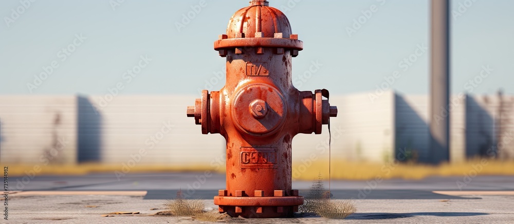 Fototapeta premium Old Red and Orange Fire Hydrant With Rust on the Bottom. Creative Banner. Copyspace image