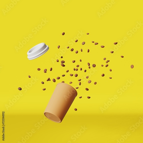 Floating coffee cup lid flying beans explosion yellow background 3D render. Coffee shop mockup discount demonstration. Hot drinks sale advertising promo banner Brown paper cup branding design template