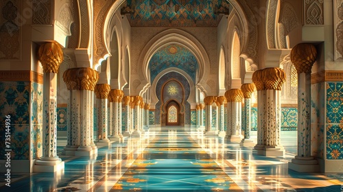 Islamic background with magnificent mosque   creative photograph angles  Interior of Mosque  Concept of Ramadan Kareem  Generative Ai