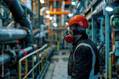 A man wearing a gas mask in a factory. Suitable for industrial, pollution, or safety concepts