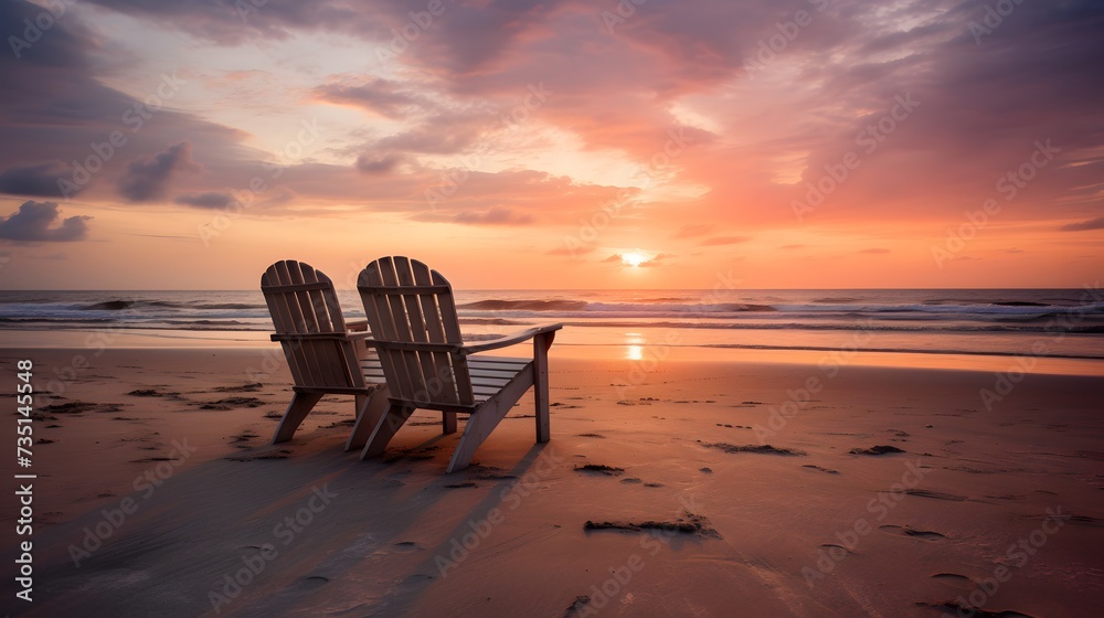 Two empty beach chairs on beach at sunset.
Two empty beach chairs on beach at sunset.