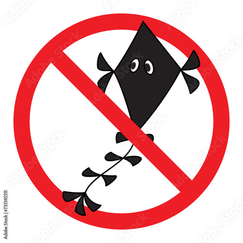 No kite flying - ban on kite flying sign, vector red crossed out circle symbol with kite illustration