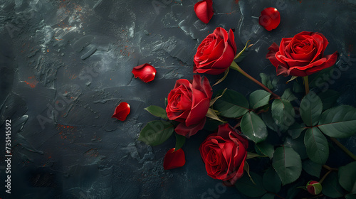 Dark Red roses on black background, web banner. Mourning moody flowers card. Funeral symbol of grief. Mood and Condolence card concept, Generative Ai © Jaunali