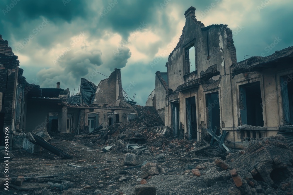 A picture of a destroyed building against a sky background. Suitable for illustrating destruction, urban decay, or post-apocalyptic themes.