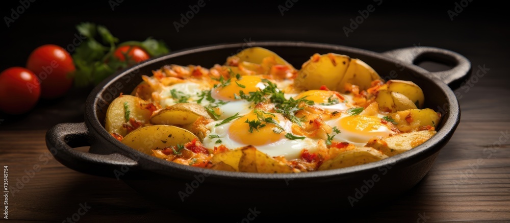 Potato omelette egg with potatoes Turkish name Yumurtali patates. Creative Banner. Copyspace image Potato omelette egg with potatoes Turkish name Yumurtali patates. Creative Banner. Copyspace image