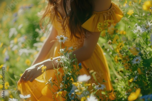 A woman wearing a vibrant yellow dress stands in a beautiful field of colorful flowers. This image can be used to represent nature, beauty, happiness, and summertime