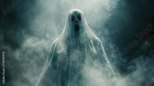 A ghostly figure stands in a foggy room. This eerie image can be used to create a spooky atmosphere or illustrate paranormal themes