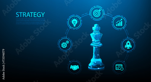 business strategy chess technology on blue background. planning success concept with element icon. vector illustration fantastic hi-tech design