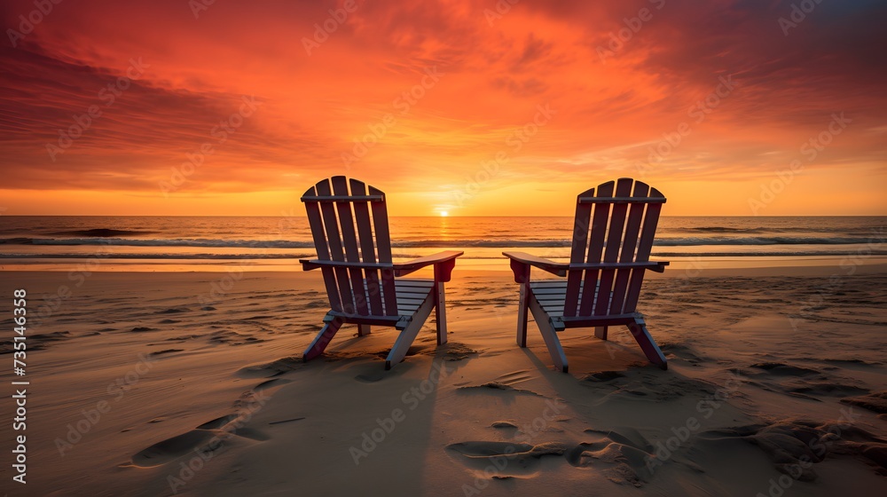 Two empty beach chairs on beach at sunset.
Two empty beach chairs on beach at sunset.