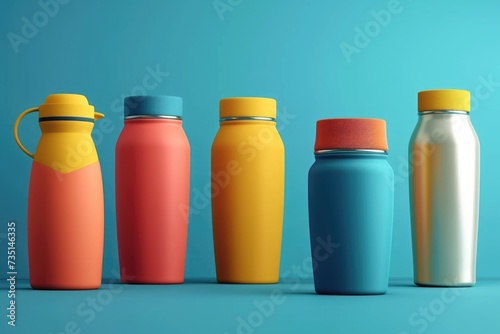 Different colored water bottles arranged in a row on a blue surface. Ideal for advertising, hydration, and eco-friendly concepts