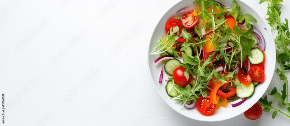 top view mix vegetable salad on white bowl. Creative Banner. Copyspace image top view mix vegetable salad on white bowl. Creative Banner. Copyspace image
