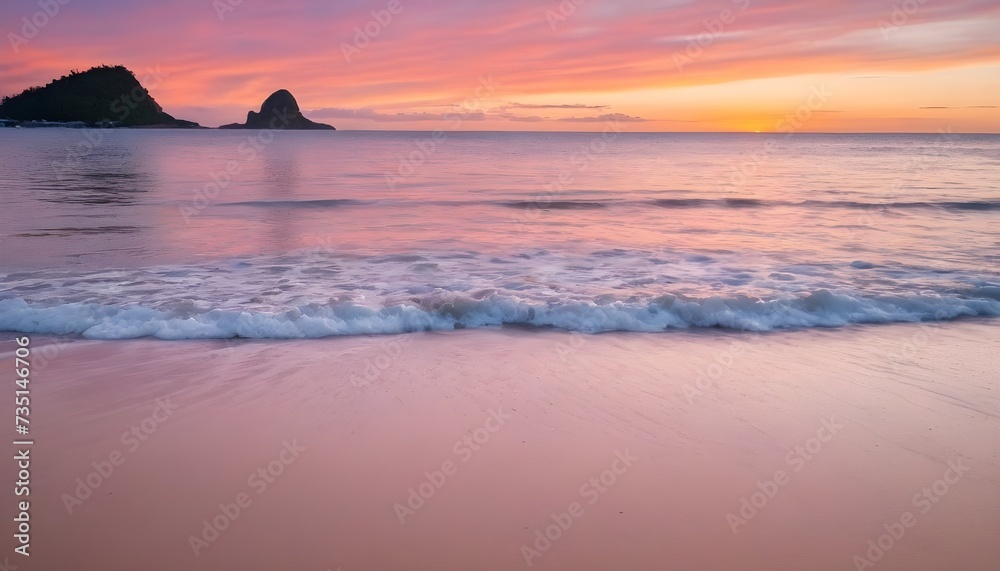 A vertical image of a tide on the beach over the sand during a colorful sunset with the islands - obrazy, fototapety, plakaty 