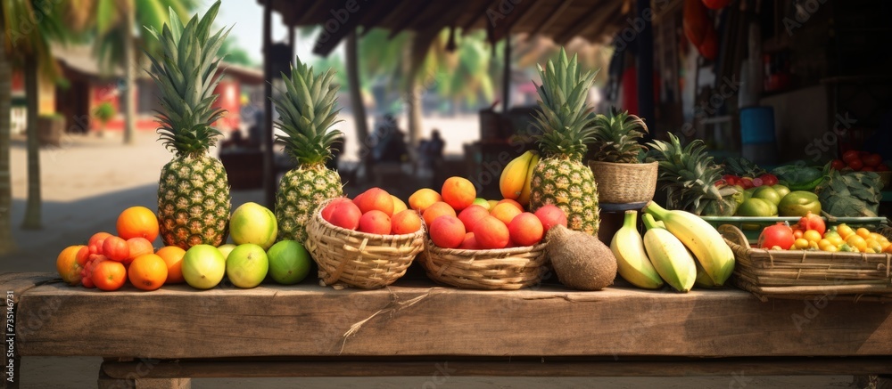 View of a street market of natural products tables full of tropical fruits such as pineapples bananas melon apples oranges and a great variety of fresh fruits. Creative Banner. Copyspace image