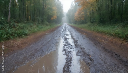 A wide angle shot of a muddy road in the middle of the green rainy forest during autumn