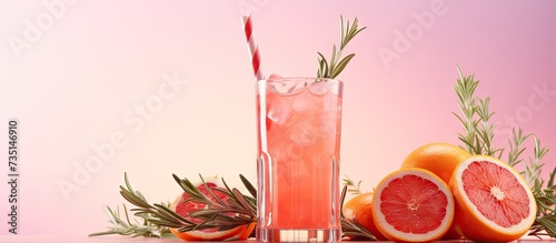 Summer refreshing sparcling cocktails with grapefruit Lemonade garnished with fresh rosemary Summer beverage with sparkling water and grapefruit slices. Creative Banner. Copyspace image photo