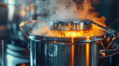 A pot with steam billowing out, creating an enticing aroma. Perfect for food and cooking related projects photo