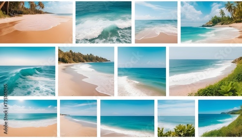 Beatiful sea coast view collage with sand, ocean and waves. Idellyc paradise place pictures set with holiday tropical vibes