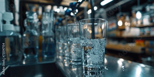 A close-up view of a glass of water sitting on a bar. This image can be used to depict refreshment, hydration, or a relaxing atmosphere in a bar or restaurant setting