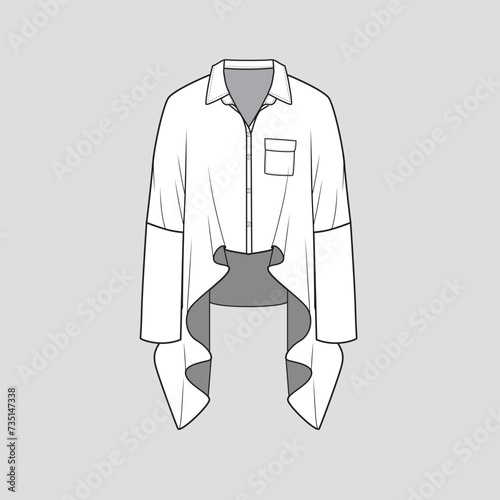 Asymmetric hem polo collar top button panel drop shoulder long sleeve Fashion flat sketch template design drawing vector