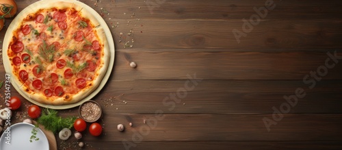 top view pizza pasta with tomato sauce and salad bowl on rustic table. Creative Banner. Copyspace image