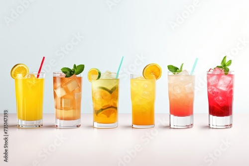 Colorful set of summer cocktails on white background.