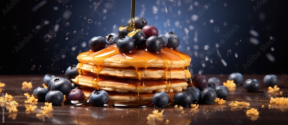 Pouring honey on stack of pancakes Homemade oat pancakes with blueberries. Creative Banner. Copyspace image