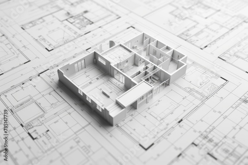 A model of a house placed on top of blueprints. Suitable for architectural projects and real estate concepts