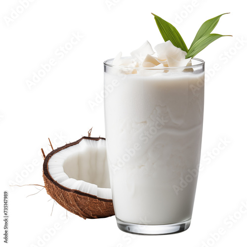 Coconut smoothie in glass with leaves and coconut shell decorative isolated on transparent background
