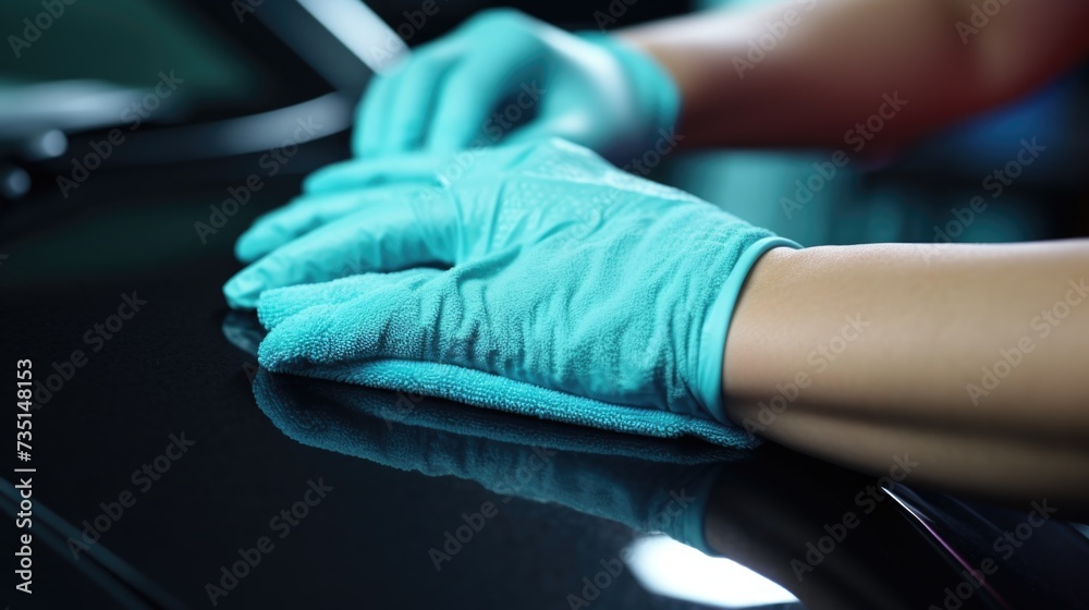 A person is seen cleaning a car using a blue glove. This image can be used to depict car maintenance or car detailing activities A person is seen cleaning a car using a blue glove. This image can be used to depict car maintenance or car detailing activities