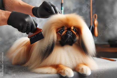 Professional grooming of a beautiful Pekingese dog. AI generated photo
