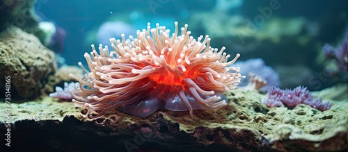 Red Beadlet Anemone sticking to a glass window in an aquarium in Copenhagen Close view at beautiful marine biology Beautiful creature in captivity in a tank underwater Wildlife species closeup photo