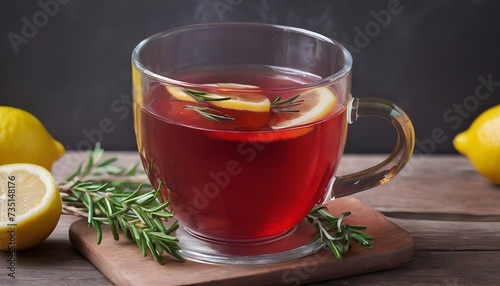 Cranberry tea with lemon and rosemary in glass mug. Healthy hot vitamin drink
