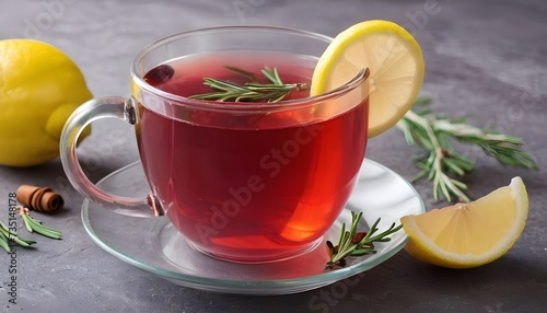 Cranberry tea with lemon and rosemary in glass mug. Healthy hot vitamin drink