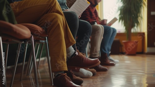 A group of people sitting in a straight line on chairs. Suitable for business meetings, seminars, conferences, or any event involving a seated audience