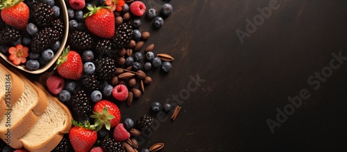 Wheat bread with some chocolate spread garnished with various fresh berries overhead shot. Creative Banner. Copyspace image