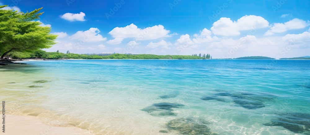 Tropical lagoon beach paradise landscape full of lush green vegetation and clear blue waters full of healthy coral in Okinawa Japan. Creative Banner. Copyspace image