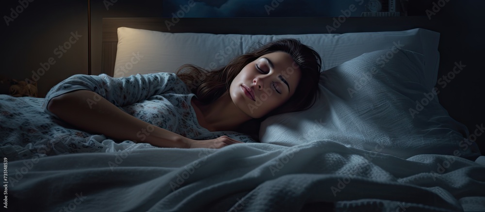 Top view of woman lying on the bed trying to sleep and changing sleep positions Tossing and turning at night Woman suffering from insomnia sleeping problems or sleep disorders Woman can t sleep - obrazy, fototapety, plakaty 
