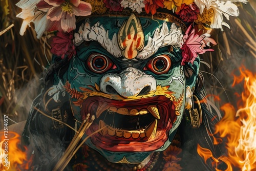 A close-up image of a mask with a fiery background. This picture can be used to depict mystery, danger, or intrigue in various projects