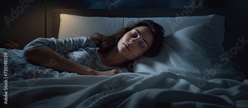 Top view of woman lying on the bed trying to sleep and changing sleep positions Tossing and turning at night Woman suffering from insomnia sleeping problems or sleep disorders Woman can t sleep