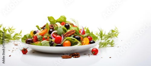 On a white plate fresh vegetable salad with cherry tomatoes red peppers olives walnuts raisins green salad leaves. Creative Banner. Copyspace image