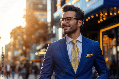 Businessman in blue suit with glasses standing on busy street. Confident executive amid urban hustle, embodying success and professionalism in modern corporate landscape