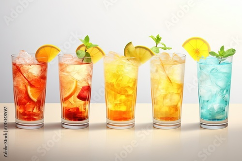 Colorful summer cocktail collection with fruits and ice cubes