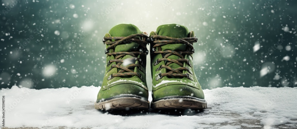 two winter boots made of green rubber and spotted fabric stand in grass and white snow on a winter street. Creative Banner. Copyspace image - obrazy, fototapety, plakaty 