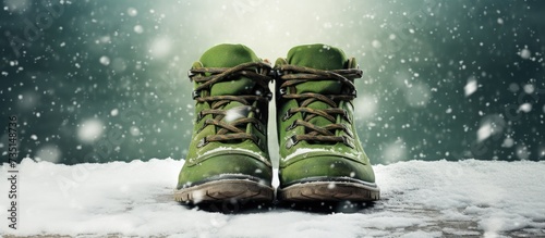 two winter boots made of green rubber and spotted fabric stand in grass and white snow on a winter street. Creative Banner. Copyspace image photo