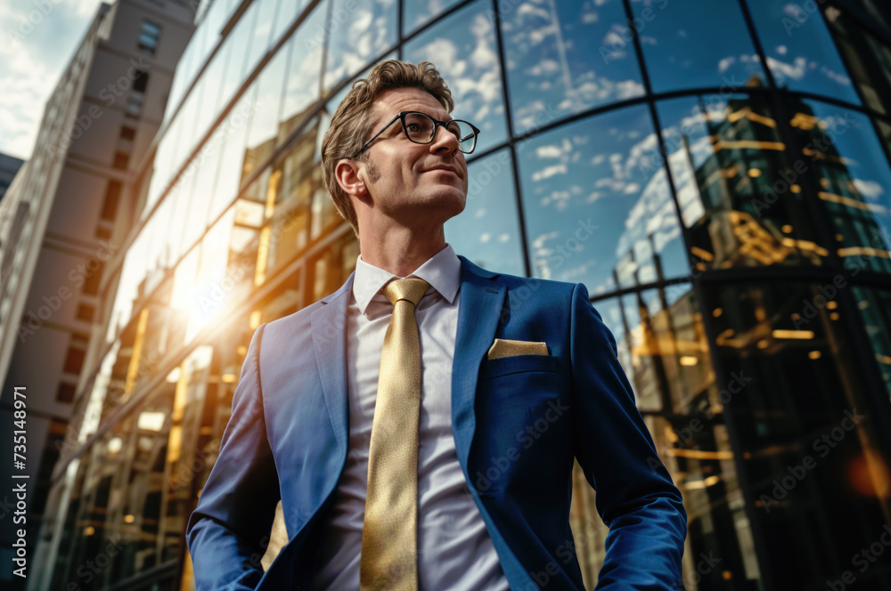 Businessman in blue suit with glasses standing on busy street. Confident executive amid urban hustle, embodying success and professionalism in modern corporate landscape
