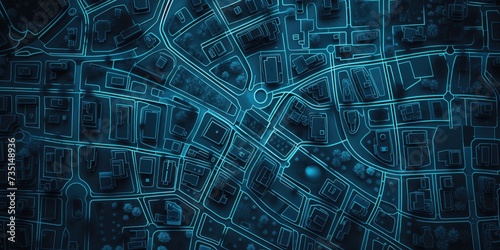A detailed map of a city illuminated by blue lights. Perfect for urban planning projects and city navigation applications